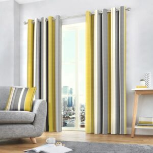 Whiteworth Stripe Ochre Eyelet Curtains Hanging In Modern Living Room